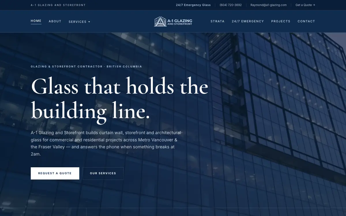 Glazing and storefront contractor website (a1-glazing.ca)